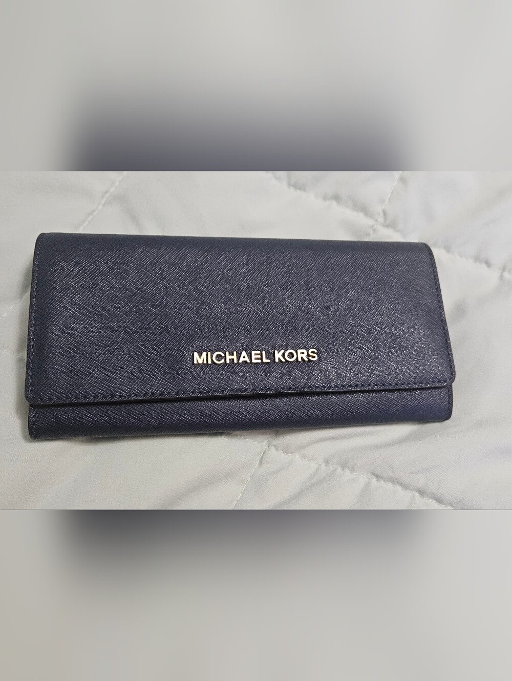MICHAEL KORS Navy Saffiano Fold-Over Continental Wallet with Gold Logo